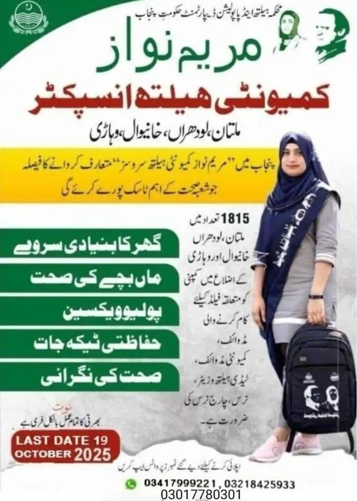 Maryam Nawaz Community Health Services Punjab Jobs for Community Health Inspectors